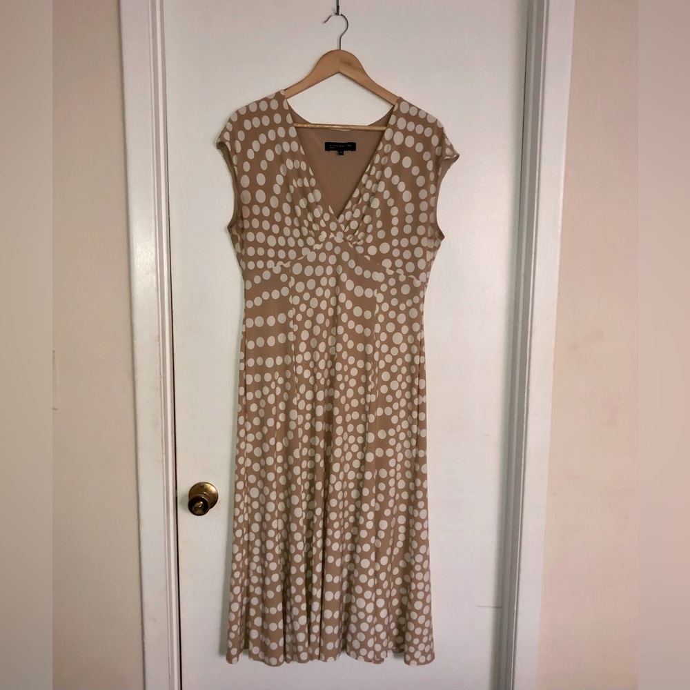 Jones New York WOMENS Tan w/ White Polka Dots Flared Dress